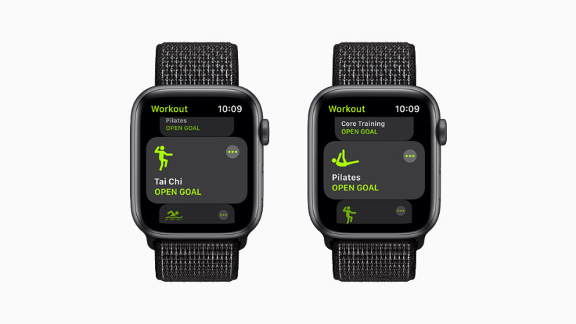 The Tai Chi and Pilates workouts, each displayed on Apple Watch Series 6.