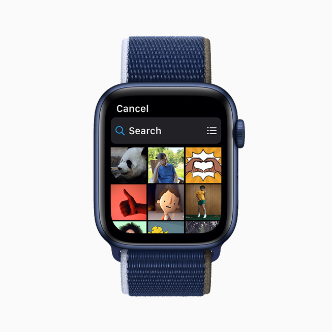 Results from a GIF search in Messages are displayed on Apple Watch Series 6.